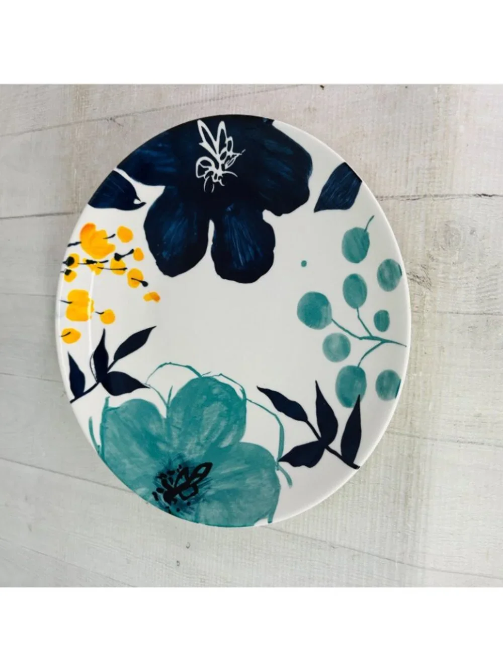 Baum Brothers BELLA FLORAL Indigo Turquoise Yellow Floral Dinner Plates Set of 4